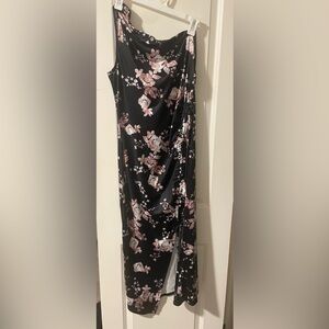 Floral One Shoulder Black and Pink Maxi Dress